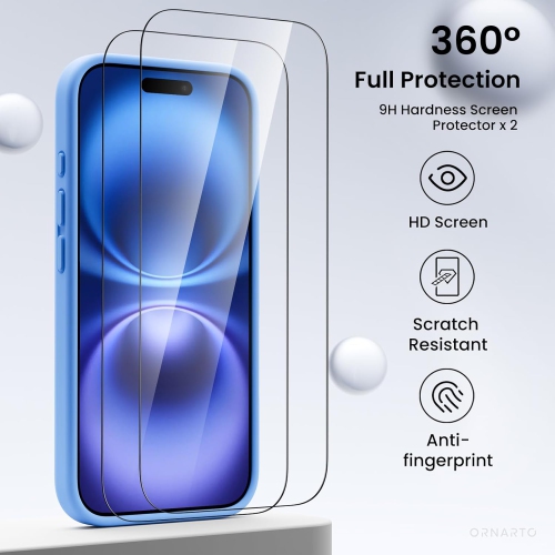 ORNARTO Compatible with iPhone 16 Case with 2 x Screen Protector,Shockproof Liquid Silicone Gel Rubber Cover,Drop Protection Phone Case for iPhone 16