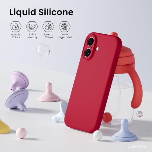 ORNARTO compatible avec l'étui iPhone 16 avec 2 protecteurs d'écran, étui en caoutchouc de silicone liquide antichoc, étui de protection contre les