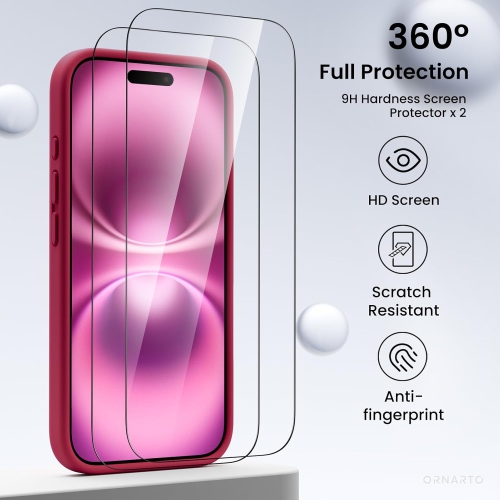ORNARTO compatible avec l'étui iPhone 16 avec 2 protecteurs d'écran, étui en caoutchouc de silicone liquide antichoc, étui de protection contre les