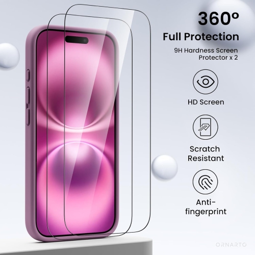 ORNARTO Compatible with iPhone 16 Case with 2 x Screen Protector,Shockproof Liquid Silicone Gel Rubber Cover,Drop Protection Phone Case for iPhone 16