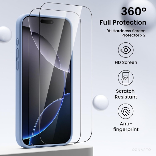 ORNARTO compatible avec l'étui iPhone 16 Pro Max avec 2 protecteurs d'écran, étui en caoutchouc de silicone liquide antichoc, étui de protection