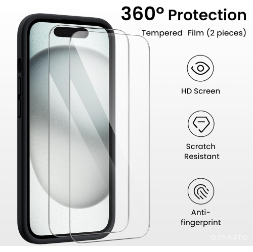 ORNARTO Designed for iPhone 15 Case with 2X Screen Protector, Liquid Silicone Gel Rubber Cover [Upgraded Camera Protection], Shockproof Protective