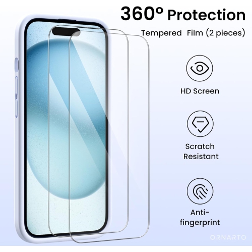 ORNARTO Designed for iPhone 15 Case with 2X Screen Protector, Liquid Silicone Gel Rubber Cover [Upgraded Camera Protection], Shockproof Protective