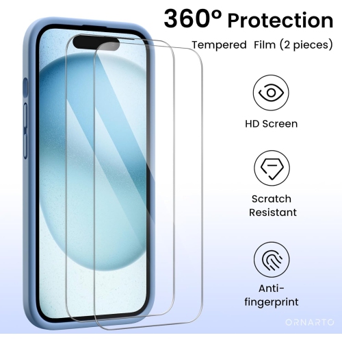 ORNARTO Designed for iPhone 15 Case with 2X Screen Protector, Liquid Silicone Gel Rubber Cover [Upgraded Camera Protection], Shockproof Protective