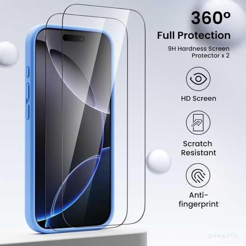 ORNARTO Compatible with iPhone 16 Pro Case with 2 x Screen Protector,Shockproof Liquid Silicone Gel Rubber Cover,Drop Protection Phone Case 6.3" -Sky