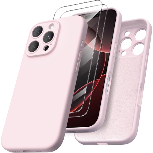 ORNARTO Compatible with iPhone 16 Pro Case with 2 x Screen Protector,Shockproof Liquid Silicone Gel Rubber Cover,Drop Protection Phone Case 6.3" -Pink