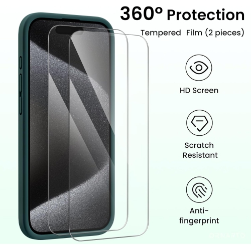 ORNARTO Compatible with iPhone 15 Pro Case, with 2 x Screen Protector Liquid Silicone Gel Rubber Cover [Full Body] Shockproof Protective Phone Case