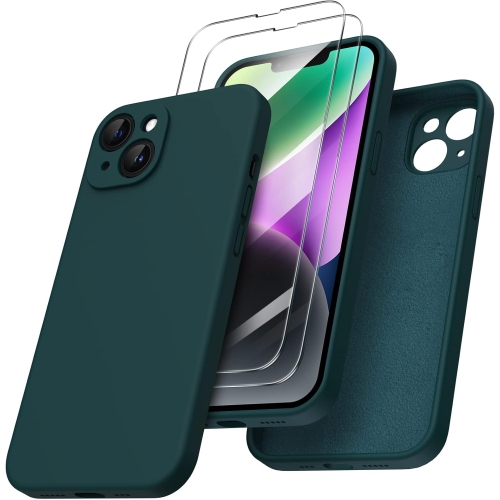 ORNARTO Compatible with iPhone 14 Case, with 2 x Screen Protector Liquid Silicone Gel Rubber Cover [Full Body] Shockproof Protective Phone Case-Olive