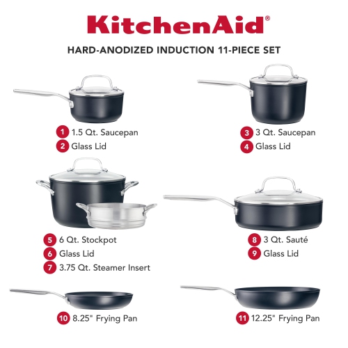 Ensemble de batteries de cuisine de KitchenAid, en aluminium durci, compatible induction, revêtement antiadhésif, 11 pièces, noir mat.