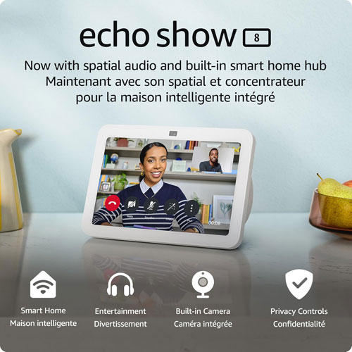 Écran intelligent Echo Show 8 d'Amazon avec son spatial et Alexa - Glacier