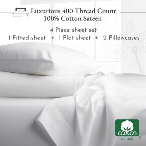 California Design Den 400 Thread Count 100% Cotton Sheets, King Size Sheet Set, 4 Pc Luxury Sheets & Pillowcases, Bedding for King Bed, Sateen, Deep