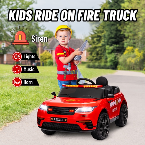 Qaba 12V 7Ah Battery Electric Car for Kids, Fire Fighting Ride on Car with Siren, Remote Control, 4 Spring Suspension Wheels, Transport Wheel, Music,