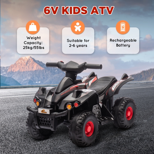 Qaba 6V Kids ATV Quad, 4 Wheeler Battery Powerd Electric Vehicle for Kids with Music, Forward, for Boys Girls Toddlers Ages 2-6 Years, Black