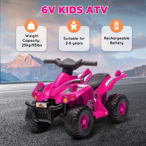 Qaba 6V 4.5A Kids ATV Quad, 4 Wheeler Electric Toddler Car Ride on Toys with MP3, Music, TF Card Slot, Gift for Boys Girls Ages 2-6 Years, Pink