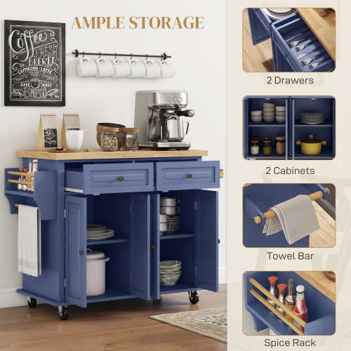 HOMCOM Kitchen Island Cart with Rubber Wood Top, Rolling Kitchen Island Table on Wheels with Drawers, Adjustable Shelves, Spice Rack and Towel Rack