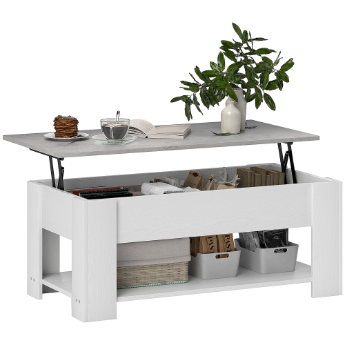 HOMCOM – Table basse à dessus relevable avec compartiment de rangement dissimulé et tablette ouverte, table centrale pour salon, blanc