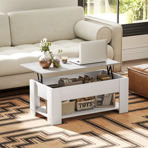 HOMCOM Lift Top Coffee Table with Hidden Storage Compartment and Open Shelf, Center Table for Living Room, White