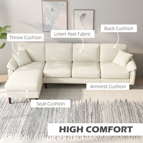 HOMCOM Changeable Sectional Sofa with Chaise Lounge, 111" Modern 4-Seater Couch with Pillows, Wooden Legs, L-Shape Corner Sofa for Living Room, Cream