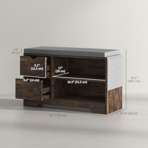 Banc à chaussures de HOMCOM avec rangement, banc d'entrée moderne rembourré avec tablettes ouvertes, tiroirs, pochette et coussin rembourré pour