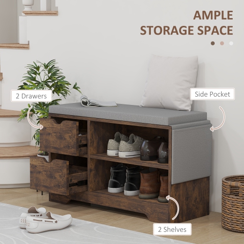 Banc à chaussures de HOMCOM avec rangement, banc d'entrée moderne rembourré avec tablettes ouvertes, tiroirs, pochette et coussin rembourré pour