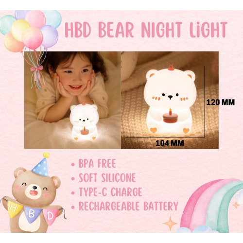 YOULIGHTS Bear Night Light, Bear Lamp, Cake Night Light for Nursery, Soft Silicone Lamp Cute Night Light, Dimmable and Rechargeable for Nursery,Kids