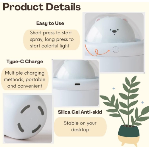 YOULIGHTS Portable Mini Ultrasonic Bear Humidifier, Silent and Auto-off Function, Cute Cool Mist Small Air Humidifier with USB for Bedroom, Home