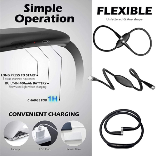 YOULIGHTS LED Neck Light Eye Protection Book Light, Reading Light with 3 Brightness Levels, Rechargeable Bendable Arm, Suitable for Knitting,