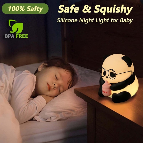 YOULIGHTS Panda Night Light, Rechargeable Silicone Glasses Panda Squishy Cute Lamp,3 Level Dimmable Touch Baby Night Light, Bedside Lamp for