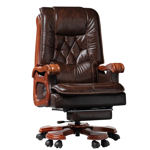 Kinnls Evan Massage Office Chair with Footrest,Genuine Leather Managerial Executive Chair Fully Reclining with Solid Wood Handrail