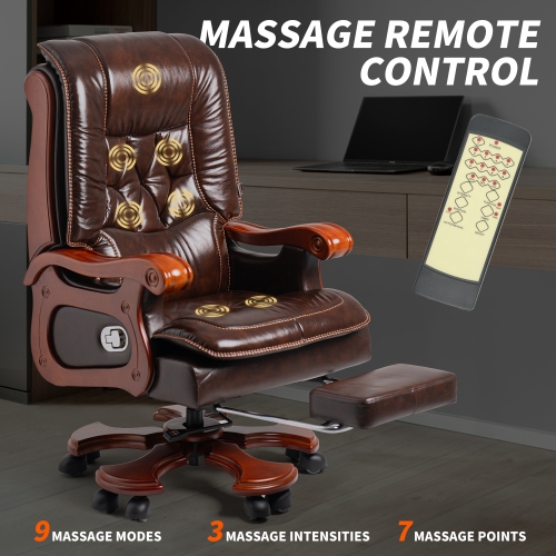 Kinnls Evan Massage Office Chair with Footrest,Genuine Leather Managerial Executive Chair Fully Reclining with Solid Wood Handrail