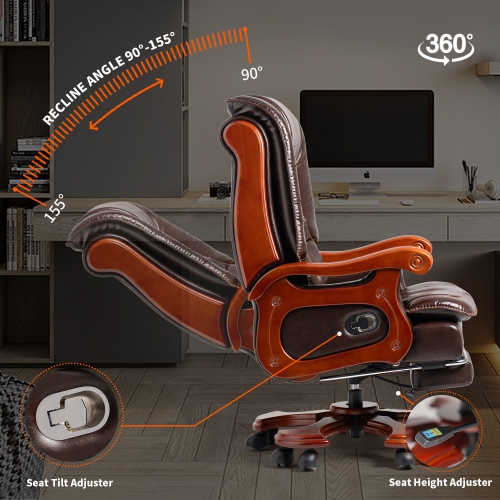 Kinnls Evan Massage Office Chair with Footrest,Genuine Leather Managerial Executive Chair Fully Reclining with Solid Wood Handrail