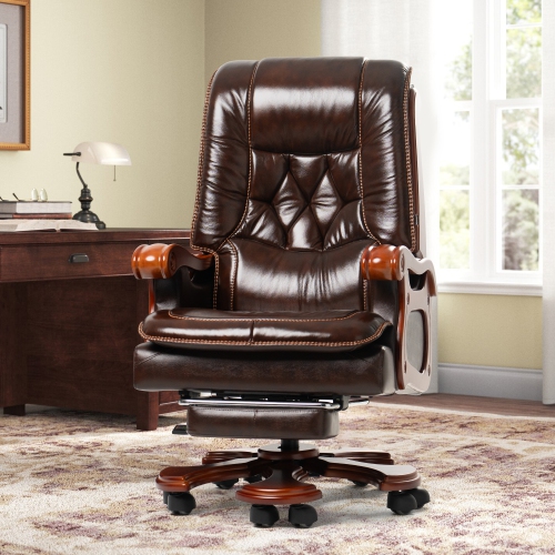 Kinnls Evan Massage Office Chair with Footrest,Genuine Leather Managerial Executive Chair Fully Reclining with Solid Wood Handrail