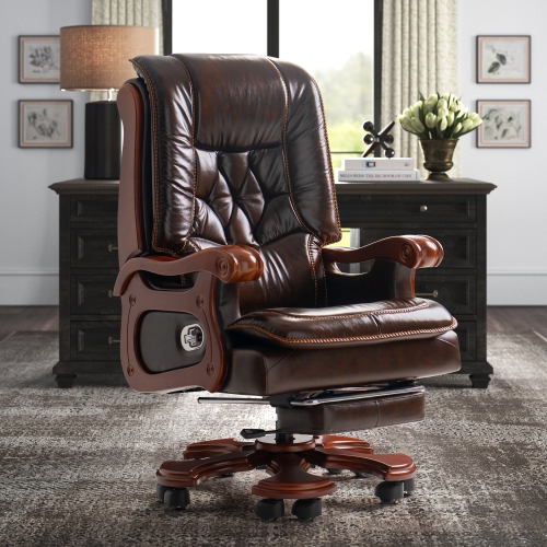 Kinnls Evan Massage Office Chair with Footrest,Genuine Leather Managerial Executive Chair Fully Reclining with Solid Wood Handrail