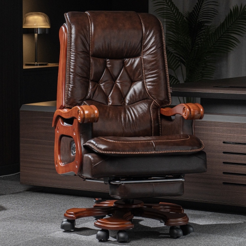 Kinnls Evan Massage Office Chair with Footrest,Genuine Leather Managerial Executive Chair Fully Reclining with Solid Wood Handrail