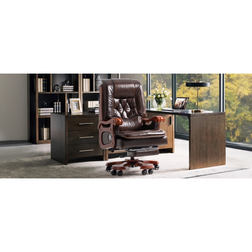 Kinnls Evan Massage Office Chair with Footrest,Genuine Leather Managerial Executive Chair Fully Reclining with Solid Wood Handrail