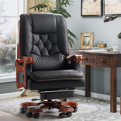 Kinnls Evan Massage Office Chair with Footrest,Genuine Leather Managerial Executive Chair Fully Reclining with Solid Wood Handrail