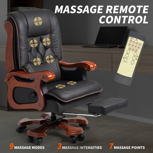 Kinnls Evan Massage Office Chair with Footrest,Genuine Leather Managerial Executive Chair Fully Reclining with Solid Wood Handrail