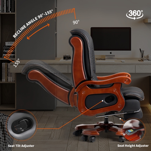 Kinnls Evan Massage Office Chair with Footrest,Genuine Leather Managerial Executive Chair Fully Reclining with Solid Wood Handrail