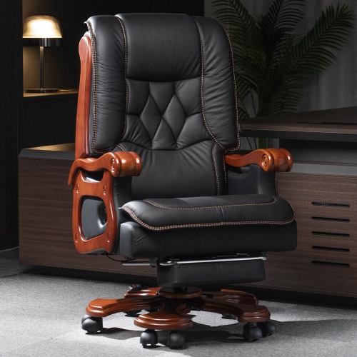 Kinnls Evan Massage Office Chair with Footrest,Genuine Leather Managerial Executive Chair Fully Reclining with Solid Wood Handrail