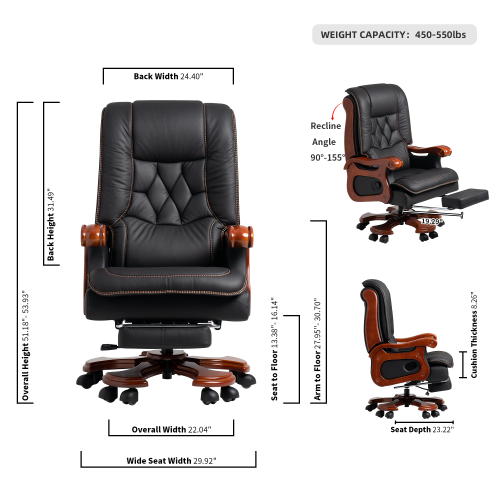 Kinnls Evan Massage Office Chair with Footrest,Genuine Leather Managerial Executive Chair Fully Reclining with Solid Wood Handrail