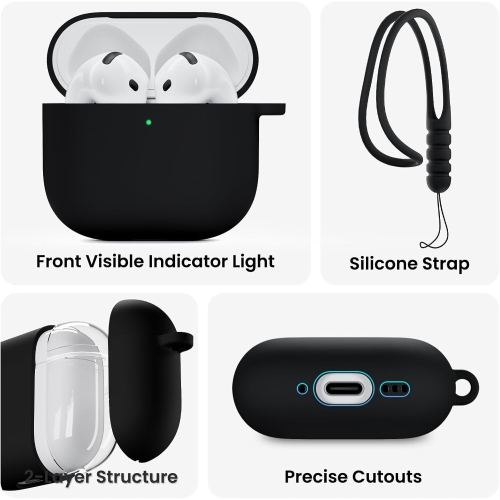 ORNARTO pour AirPods 4th génération d'étui, étui protecteur en silicone liquide pour AirPods 4th génération avec cordon Étui souple en silicone