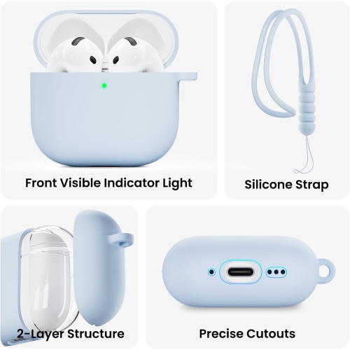 ORNARTO for AirPods 4th Generation Case, Protective Liquid Silicone Case Cover for AirPods 4th Generation with Lanyard Soft Skin Front LED Visible