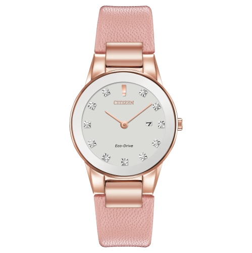 CITIZEN  Ladies Axiom Eco-Drive Watch 30MM Gold-Tone Stainless Steel Case Leather Strap With Silver-Tone Dial (Ga1058-08A) In Pink