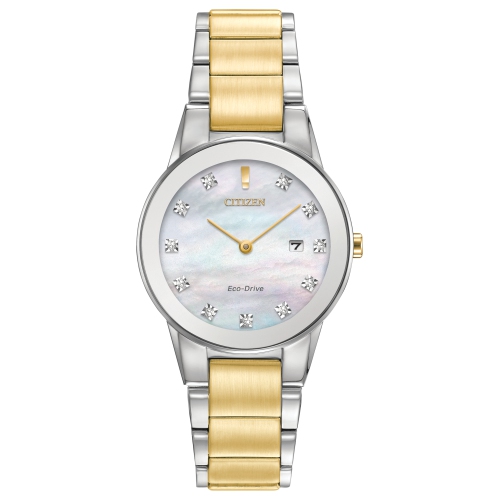 Montre pour femmes Axiom Eco-Drive de Citizen 30&nbsp;mm avec boîtier en acier inoxydable argenté et bracelet bicolore avec cadran en nacre blanche