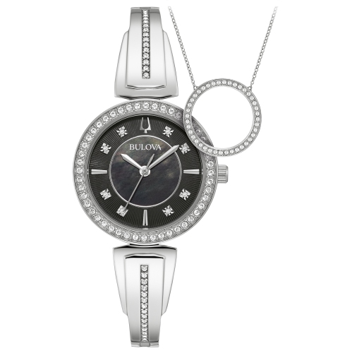 Bulova Ladies Quartz Box-Set 30mm Silver-Tone Stainless Steel Case and Bracelet with Black Mother-of-Pearl Dial with corresponding necklace