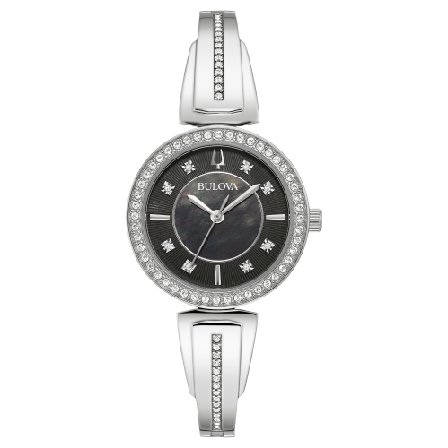 Bulova Ladies Quartz Box-Set 30mm Silver-Tone Stainless Steel Case and Bracelet with Black Mother-of-Pearl Dial with corresponding necklace