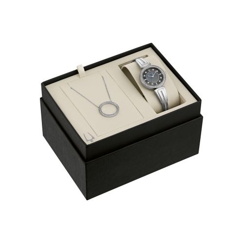Bulova Ladies Quartz Box-Set 30mm Silver-Tone Stainless Steel Case and Bracelet with Black Mother-of-Pearl Dial with corresponding necklace