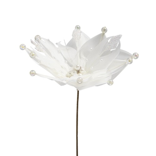 Piquet de Noël artificiel de poinsettia à plumes de perles - 13,75 po - Blanc