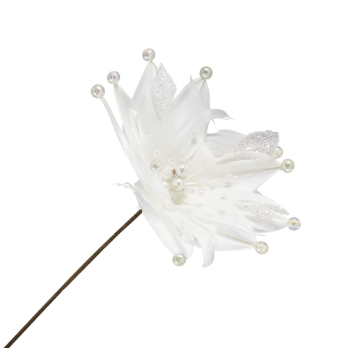 Beaded Feather Poinsettia Artificial Christmas Pick - 13.75" - White