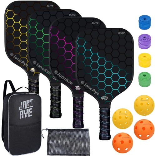 JoncAye Pickleball Set of 4 or 2 Rackets and Balls with Bag, Lead Tapes | Fiberglass Pickle-Ball Racquets and Accessories for Men, Women, Kids, Adult